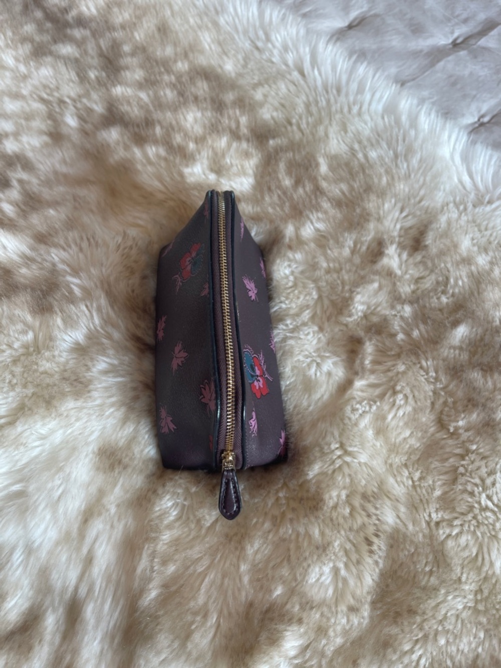 Coach Dark Brown Floral Zip Cosmetic Pouch with Pink Accents - Picture 3 of 7